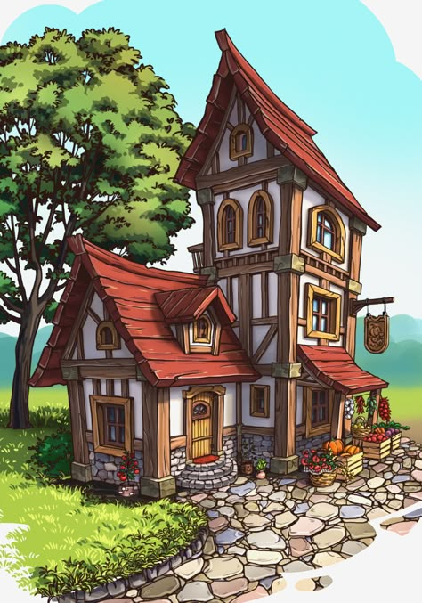 Fantasy House Art, Fantasy House Concept, Stylized House, Fantasy Village, Bangunan Minecraft, Medieval Houses, Building Concept, Isometric Art, Architecture Drawing Art