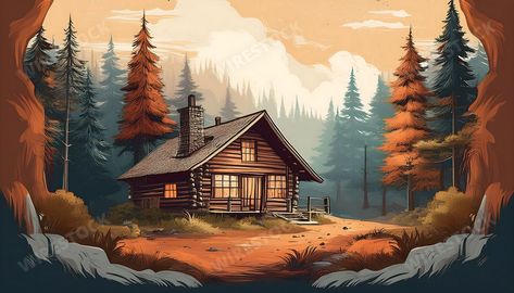 JeksonGraphics | Rustic Cabin in the Woods - A vintage-style illustration of a cozy, rustic cabin nestled in the woods, surrounded by tall trees. Graphic art illustration Lumberjack Art, Cozy Rustic Cabin, Rustic Cabin In The Woods, Graphic Art Illustration, Graphic Arts Illustration, Sell Photos, Tall Trees, Cabin In The Woods, Rustic Cabin