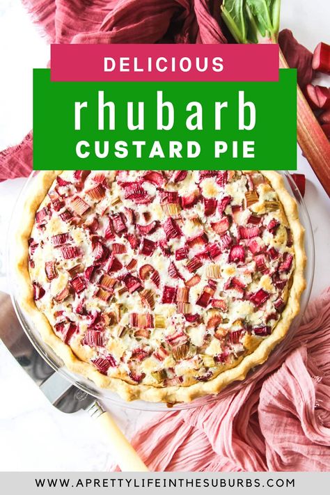 This Rhubarb Custard Pie is a classic! With a sweet creamy custard base, tangy rhubarb and a tender flaky crust, this pie is delicious. Rhubarb Custard Pie, Rhubarb Custard Pies, Rhubarb Recipes Pie, Custard Pie Recipe, Rhubarb Custard, Rhubarb Desserts, Rhubarb Pie, Rhubarb And Custard, Custard Pie