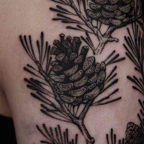 Black conifer cone tattoo on the back Acorn Branch Tattoo, Black Nature Tattoos, Thigh Fern Tattoo, Reishi Mushroom Tattoo, Traditional Style Nature Tattoo, Nature Tattoo Cover Up, Tree Stump Tattoo Ideas, Blackwork Nature Tattoo, Black Fern Tattoo