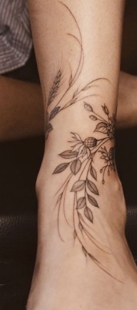 Flowers And Vines Tattoo, Foot Tattoo Placement, Ankle Cuff Tattoo, Vine Foot Tattoos, Tattoo Ideas Foot, Floral Foot Tattoo, Wrap Around Ankle Tattoos, Foot Tattoo Ideas, Ankle Foot Tattoo