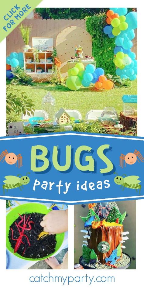 Bug Party Ideas Decor, It’s A Bugs Life Party, Bug Themed Party Games, Bug Birthday Games, Bugs Theme Birthday Party, Bug Themed Birthday Party Food, Bug Themed Birthday Party Decorations, Bug Party Activities, Bug Party Favors