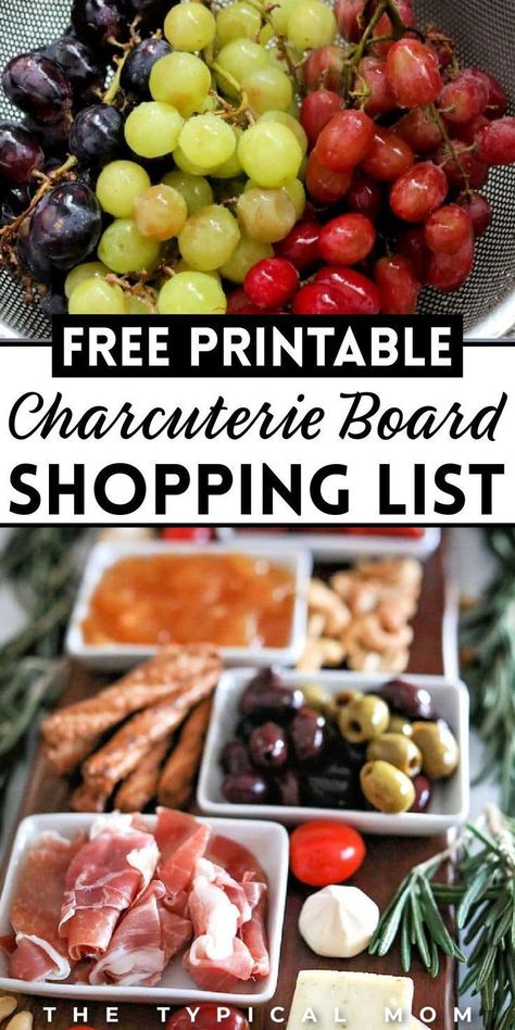 Charcuterie boards are the perfect Christmas or holiday appetizer that everyone is sure to enjoy! This charcuterie board shopping list printable is FREE and includes all the ingredients you will need to make your own beautiful and delicious charcuterie board for any occasion. If you're new at making charcuterie boards, then this FREE printable is exactly what you need! Charcuterie Grocery List, Charcuterie List Of Food, Charcuterie Board Ingredient List, Charcuterie Template, Quick Charcuterie Board, Charcuterie Board Shopping List, Charcuterie Board For Beginners, Charcuterie Business, Charcuterie Trays