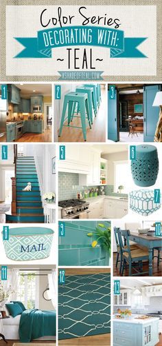 Color Series, Teal Deocor, Teal kitchen bath decor Decorating With Teal, Teal Room, Teal Kitchen Decor, Teal Decor, Vibeke Design, Teal Kitchen, Casa Vintage, Design Seeds, Style At Home