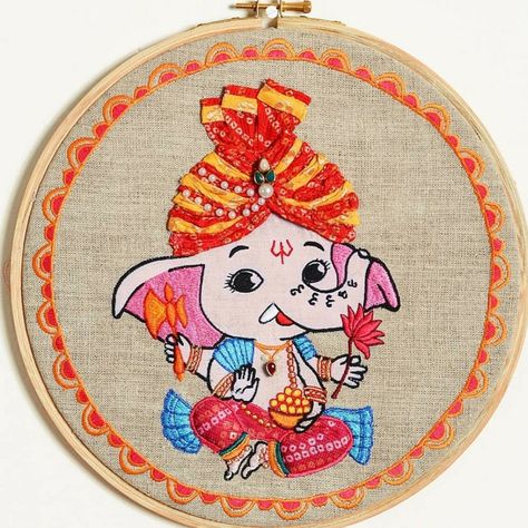 Baby Ganesha - the elephant God of India as Hoop Art God Embroidery, Drawing Pictures For Kids, Baby Ganesha, Miniature Embroidery, Elephant God, Embroidery Hoop Wall Art, Birds Embroidery Designs, Indian Elephant, Hand Embroidery Flowers