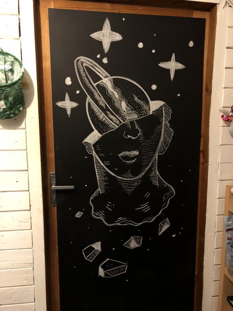 #cosmos #drawing #chalkboard #chalk #diy #diyhomedecor #bedroom #door #doordesign #face #greece #sku #sketch #teenager Cosmos Drawing, Drawing Thoughts, School Chalkboard Art, Party Shed, Teenage Drawings, Door Drawing, Chalkboard Door, Dorm Room Styles, Flower Bedroom