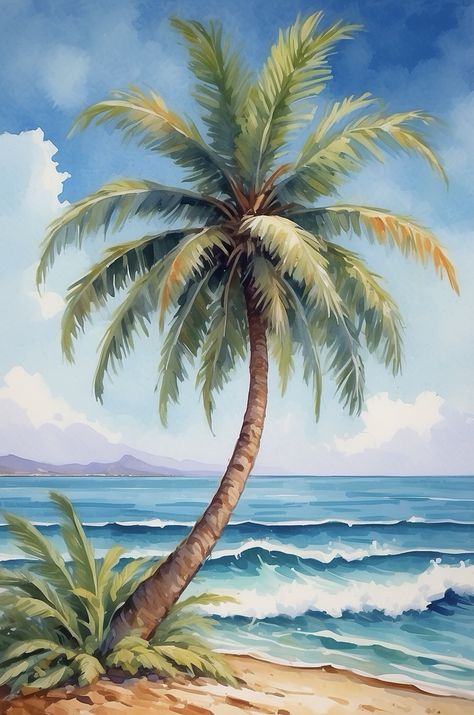 Tropical Paradise Painting, Pictures With Palm Trees, Beach Scenes Drawing, Palm Tree Paintings, Painted Palm Trees, Palm Tree Painting, Palm Tree Drawing, Palm Tree Pictures, Sea Drawing