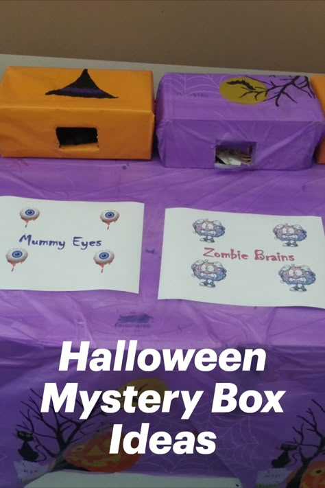 Halloween Party Feel Boxes, Creepy Halloween Sensory Boxes, Spooky Feel Boxes, Halloween Mystery Boxes Ideas, Halloween Mystery Sensory Boxes, Halloween Blind Box Game, Halloween Sensory Box Game, Feel Boxes For Halloween, Sensory Mystery Boxes