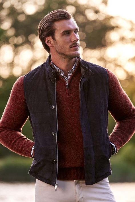 The Crown Suede Vest adds sophistication to a practical seasonal layer. It's made from a premium, supple suede that's treated for water resistance, while the interior features a quilted wool fabric for ample warmth. It's finished with a hidden zip front, button-up placket and besom pockets. Layer over Peter Millar sweaters for a sharp appearance during fall and winter. Vests Mens Fashion, Vest Looks For Men, Patagonia Vest Outfit Men, Zip Up Vest Outfit Men, Preppy Fall Outfits Men, Peter Millar Men Mens Fashion, Sophisticated Outfits Men, Men In Vest, Mens Vest Outfits Winter