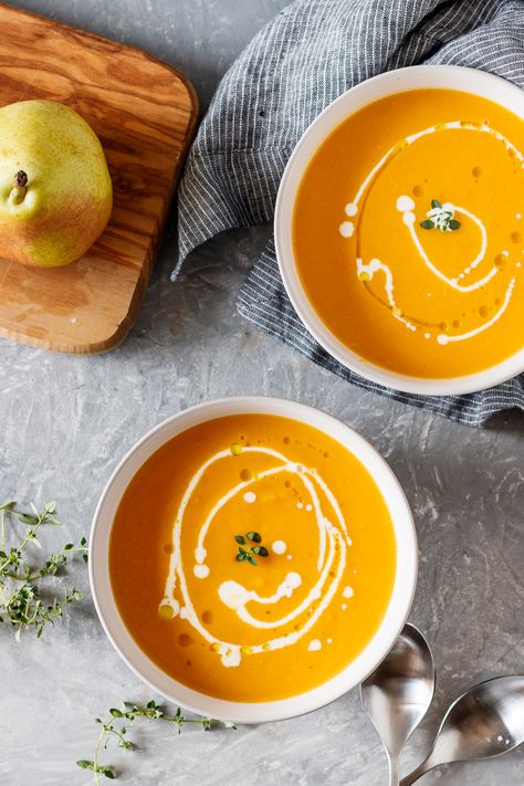 This savory sweet soup is perfect for chilly days! This pear and sweet potato soup is light, creamy, and immensely satisfying. This soup is freezer friendly, dairy free, and vegan-friendly! #souprecipes #comfortfood #sweetpotatoes #pearrecipes Sweet Potato Pear Soup, Pear Soup, Sweet Potato Soup Recipes, Canned Pears, Sweet Soup, Pear Recipes, Fall Soups, Num Num, Sweet Potato Soup