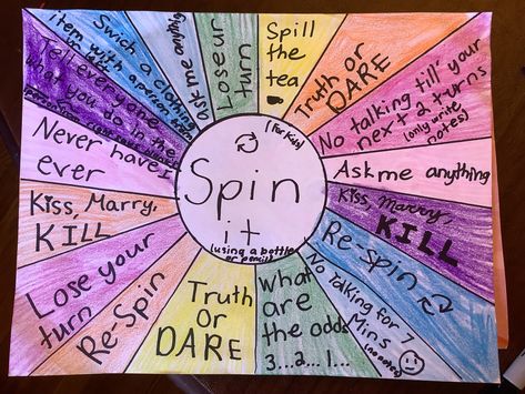 Spin The Bottle Truth Or Dare, Spin Bottle Game, Truth Or Dare Spin The Bottle, Sleepover Spin The Wheel, Spin The Bottle Ideas For Friends Clean, Spin The Bottle Ideas For Friends Spicy, Spin The Wheel Ideas, Diy Spin The Bottle, Sleepover Spin The Bottle