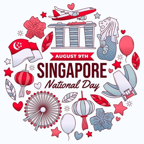 Hand drawn singapore national day illustration Free Vector Singapore National Day Decoration Ideas, Singapore Doodle, Singapore Tattoo Ideas, Singapore Illustration, National Day Singapore, Singapore Icon, Singapore Culture, Publicity Ideas, Singapore Aesthetic