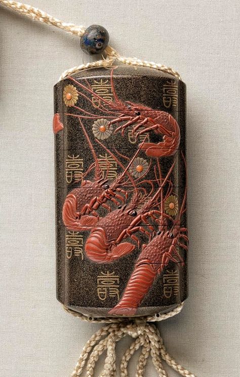 Lobsters. Artist: Somada. Japanese Inro. Edo Period (1615-1868). Gold and polychrome lacquer inro, coral ojime and wood netsuke. Nelson-Atkins Museum of Art. Japanese Artifacts, Japanese Inro, In Praise Of Shadows, Pirates Gold, Lobster Design, Japanese Lacquer, Japanese Lacquerware, Turning Japanese, Traditional Japanese Art