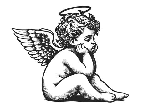 La Angels Logo, Good And Evil Angel Tattoo, Angels Illustration Art, Illustrative Tattoo Style Drawings, Praying Angel Tattoo Designs, Old School Angel Tattoo, Cherub Drawing Tattoo, Greek Angel Tattoo, Winged Tattoo