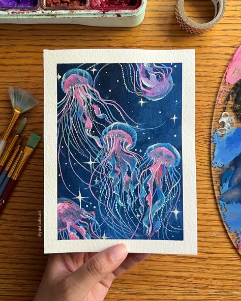 Sea Gouache Painting, Jelly Gouache Painting Ideas, Gouache Art Ideas, Jellyfish Gouache, Himi Gouache Art, Guache Art Gouache Painting, Aesthetic Gouache Art, Guache Art, Gouache Water