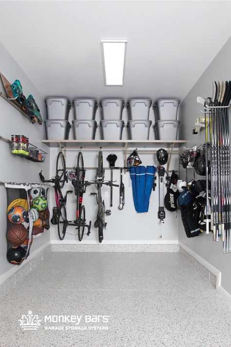 Single Car Garage Storage, Garage Toy Organization, Tiny Garage, Scooter Garage, Garage Solutions, Sports Storage, Garage Organisation, Monkey Bar, Garage Renovation