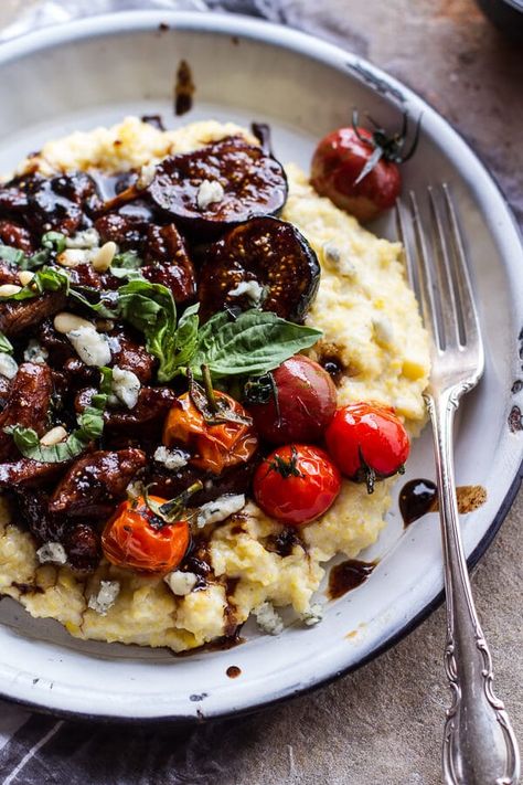 Gorgonzola Polenta, Blistered Cherry Tomatoes, Half Baked Harvest Recipes, Balsamic Pork, Weekly Dinner, Glazed Pork, Fig Recipes, Pork Glaze, Harvest Recipes