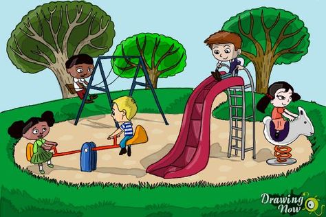 How to Draw Kids Playing In a Playground - Step 13 Playground Drawing, Landscapes For Beginners, How To Draw Kids, Funny Disney Characters, Childrens Garden, Drawing Steps, Drawing Videos For Kids, Easy Step By Step Drawing, Cartoon Drawings Of People