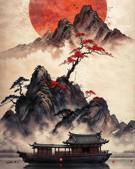 Comment "serenity" and the Download Link will be in your DM.. "🌅✨ Dive into the serene beauty of this traditional East Asian landscape. The majestic red sun sets behind misty mountain peaks, casting a tranquil glow over the calm waters. The solitary tree with its vibrant red leaves stands as a symbol of resilience and beauty amidst nature’s grandeur. This piece is a perfect blend of tranquility and timeless elegance, inviting you to escape into a world of peaceful retreats and distant lands.... Sun Artwork, East Asian Art, Asian Landscape, Serene Nature, Misty Mountain, Calm Waters, Red Sunset, Mountain Peak, Red Sun