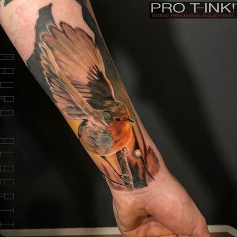 Realistic Robin, Mens Forearm Piece | Tattoo Ideas Piece Tattoo Ideas, Robin Bird Tattoos, Robin Tattoo, Bird Tattoo Men, Small Bird Cage, Scar Tattoo, Pieces Tattoo, Cool Tattoos For Guys, Bird Tattoo