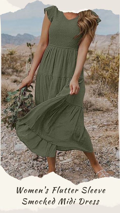 Women's Flutter Sleeve Smocked Midi Dress Olive Green Dress Outfit Summer, Green Dress Outfit Summer, Navy Blue Dress For Wedding, Green Dress Outfit, Feminine Casual, Tiered Dresses, Charlotte Dress, Olive Green Dresses, Color Crew