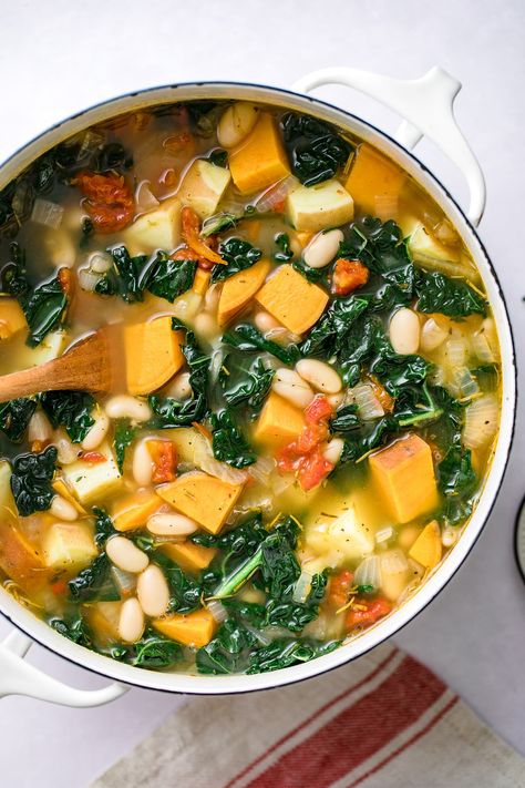 Kale And Lentil Stew With Mashed Potatoes, Kale Noodle Soup, Kale Ginger Soup, Sweet Potato Kale Lentil Soup, Vegan Soup Sweet Potato, Sweet Potato Kale Soup Slow Cooker, Sweet Potato And Bean Soup, White Beans And Sweet Potatoes, Sausage Kale Sweet Potato Soup Crockpot