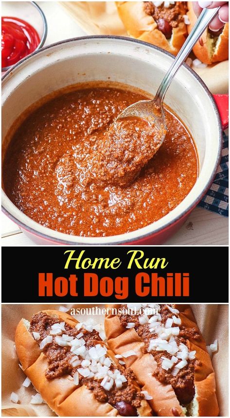 Home Run Hot Dog Chili - A Southern Soul Chili Hotdogs, Hot Dog Chili Sauce Recipe, Homemade Hot Dog Chili, Chili Dog Sauce, Hot Dog Sauce Recipe, Hotdog Chili Recipe, Homemade Hot Dogs, Hot Dog Chili Sauce, Hot Dog Sauce