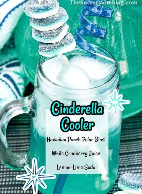 Sip like a princess with this Cinderella Cooler Mocktail from the Soccer Mom Blog! This cool blue drink is kid-friendly and easy to make with just 3 ingredients! It is so refreshing and perfect for a summer treat! Easy Tea Party Drinks, Mermaid Drinks Kids, Blue Punch Recipe Non Alcoholic, Fun Non Alcoholic Drinks, Cranberry Margaritas, Princess Drinks, Drinks For Kids, Nonalcoholic Drinks, Kids Drinks