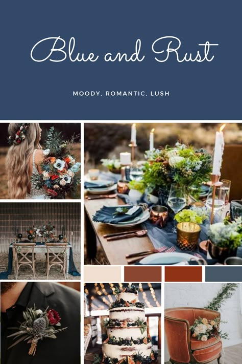 Rust Navy Blue And Grey Wedding, Slate Blue Terracotta Wedding, Steel Blue And Rust Wedding, Blue Yellow Rust Color Palette, Navy Blue And Rust Wedding Theme, Dusty Blue And Brown Wedding, Dusty Blue Terracotta Wedding, Blue And Brown Wedding Theme, Terracotta And Blue Wedding