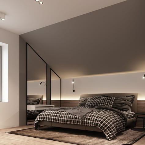 Bedroom Ideas Aesthetic Modern, Loft Bedroom Ideas Sloped Ceiling, Slanted Roof Bedroom, Bedroom Slanted Walls, Attic Bedroom Ideas Aesthetic, Slanted Wall Bedroom, Bedroom Sloped Ceiling, Slanted Ceiling Bedroom, Sloped Ceiling Bedroom