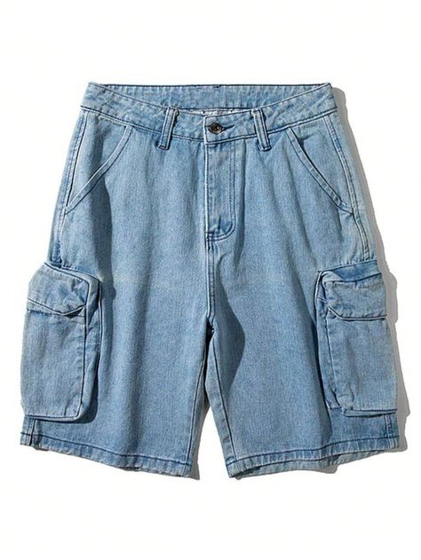 Men's Washed Cargo Denim Shorts Baggy Plain Sky Blue Urban Blue    Denim Plain Bermuda Non-Stretch  Men Clothing, size features are:Bust: ,Length: ,Sleeve Length: Cargo Denim Shorts, Denim Shorts Men, Short Male, Baggy Jean Shorts, Bermuda Cargo, Shein Men, Outfit Inso, Mens Shorts Outfits, Mens Jean Shorts