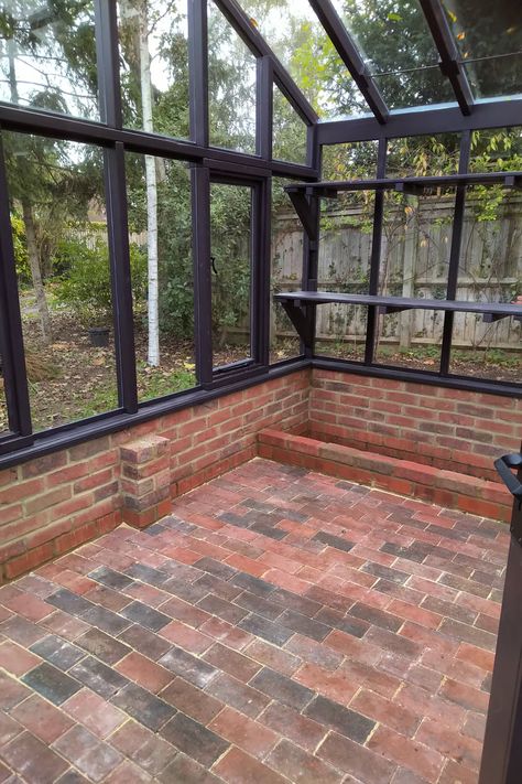 Greenhouse Home Addition, Greenhouse With Brick Floor, Greenhouse Brick Floor, Greenhouse Fireplace, Brick Greenhouse, Greenhouse Floor, Glass Green House, Timber Greenhouse, Fake Brick