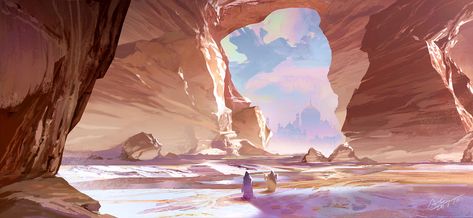 Quick sketch, Aobo Wang on ArtStation at https://www.artstation.com/artwork/1nzGG3 Fantasy Desert, Environments Art, Environment Sketch, Sunset Desert, Environment Art, Landscape Concept, Paintings And Drawings, Image Painting, The Ruins