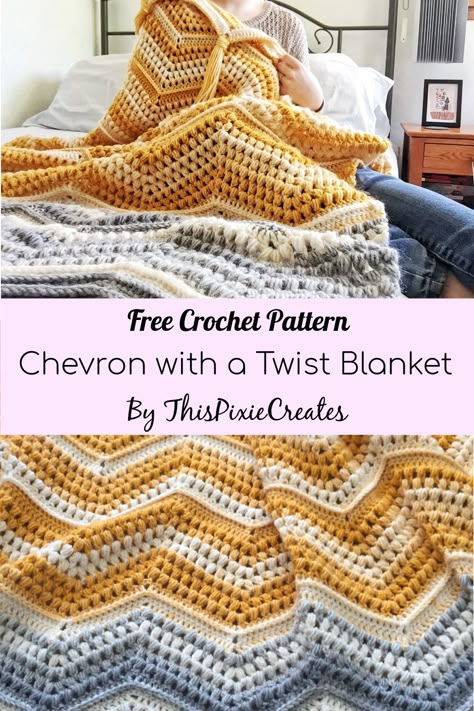 Crochet this cozy Chevron with a Twist Blanket to snuggle up with on breezy summer evenings! This blanket is designed using the puff stitch, double crochet, and front-post double crochet stitches to create tons of texture and visual interest. I love seeing the sun shine through the space between each puff stitch - it’s so pretty. This pattern is geared towards advanced beginner and intermediate crocheters. I hope to release a video tutorial soon, so that absolute beginners can try this too. Crochet Blanket Chevron Pattern Free, Multiple Stitch Crochet Blanket, Advanced Crochet Blanket Patterns, Crochet Chenille Blanket Free Pattern, Unique Crochet Blanket Patterns Free, Double Crochet Chevron Blanket Pattern Free, Easy Crochet Afghan Patterns Free, Puff Stitch Crochet Blanket, Crochet Sun Blanket Pattern