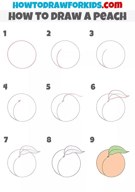 How to Draw a Peach - Easy Drawing Tutorial For Kids Peach Drawing Simple, How To Paint A Peach, How To Draw A Peach, Peach Drawing Easy, Fruit Drawing Simple, Peaches Drawing, Peach Doodle, How To Draw Fruit, Peach Drawing