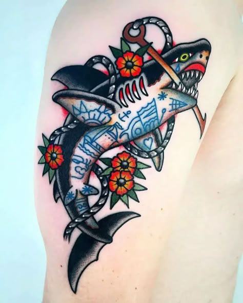 https://thestyleup.com/wp-content/uploads/2022/06/traditional-shark-tattoo.webp American Traditional Shark Tattoo, American Traditional Shark, Shark Tattoo Meaning, Traditional Tattoo Vector, Traditional Shark Tattoo, Traditional Tattoo Inspiration, Traditional Style Tattoo, Shark Tattoo, Traditional Tattoo Sleeve