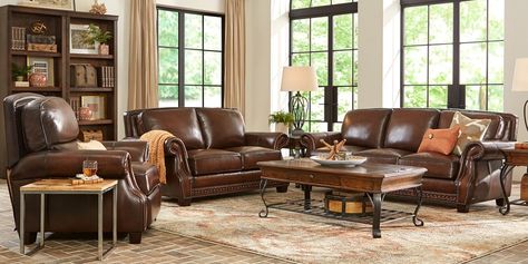 Cindy Crawford Home Calvano Brown Leather 8 Pc Living Room - Rooms To Go Leather Furniture In Living Room, Living Room With Leather Furniture, Brown Leather Couch Living Room Decor, Brown Leather Living Room, Brown Leather Couch Living Room, Dark Brown Sofas, Brown Sofa Living Room, Cindy Crawford Home, Leather Couches Living Room