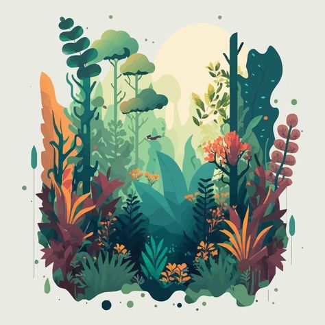 Nature Mountain Forest Jungle Landscape Background in Vector Flat Color Jungle Design Illustration, Colorful Vector Art, 2d Landscape Illustration, Forest Flowers Drawing, Jungle Illustration Background, Forest Illust, Forest Illustration Kids, Jungle Art Painting, Forest Illustration Art