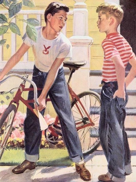 1950 Paintings, 50s Drawings, 1950s People, 1950s Boy, 40s Art, 1950s Aesthetic, Norman Rockwell Art, 50s Art, 1940s Art