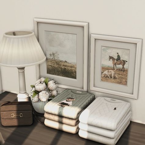 Ralph Lauren Folded Sweaters | Patreon Folded Sweaters, Winter Outfits Coquette, Sims 4 Clutter Cc, Aesthetic Outfits Coquette, Coquette House, Bedroom Coquette, Sims 4 Cc Furniture Living Rooms, House Magic, Cc Furniture