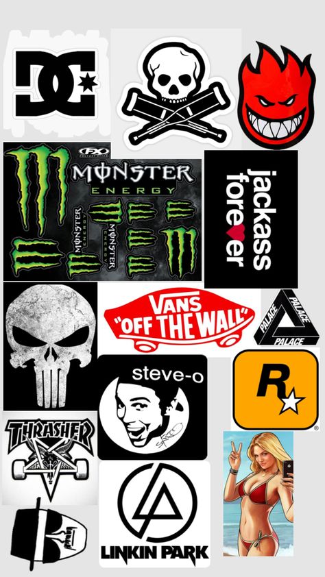 #olderbrotheraesthetic #aesthetic #outfitinspo #inspi #olderbrothery2k #y2k #midwestemo #emo #neongreen #monsterenergy #jackass #steveo #2000s #early2000s #stickers #sticker #stickerinspo #edgy #wallpaper Edgy Stickers, 2000s Stickers, 2000s Rock, Midwest Emo, Steve O, 2000s Aesthetic, Edgy Wallpaper, Vans Off The Wall, Monster Energy