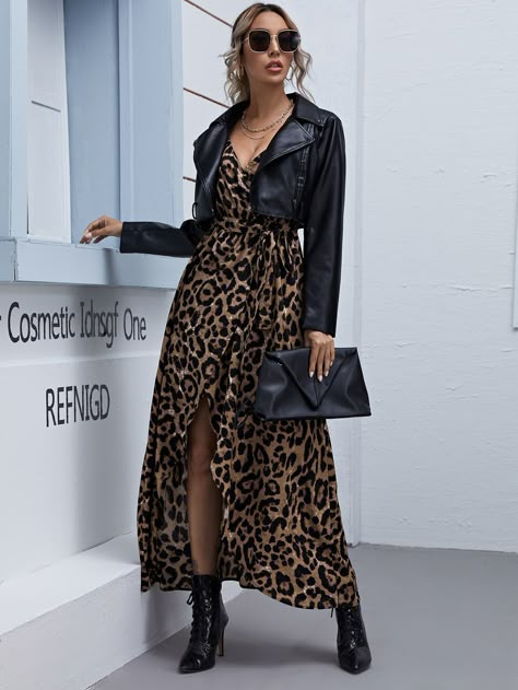 Leopard Print Self Belt Wrap Cami Dress | SHEIN USA Look Boho Chic, Ootd Instagram, Coachella Dress, Holiday Party Dresses, Autumn Outfits, Leopard Dress, Leopard Print Dress, Looks Style, Brown Fashion