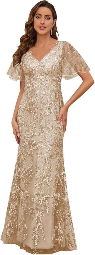 Amazon.com: PINMJEE Classy Mother of The Bride Dresses Mermaid Lace Long Formal Dress with Sleeves Champagne Size 10 : Clothing, Shoes & Jewelry Cowgirl Mother Of The Bride Dresses, Flutter Sleeve Mother Of The Bride Dress, Beautiful Mother Of The Bride Dresses, Dress With Shapewear, Mother Of The Bride Champagne Color Dresses, Mauve Evening Gown, Champagne Mother Of The Groom Dress, Champagne Mob Dresses, Olive Mother Of The Bride Dress