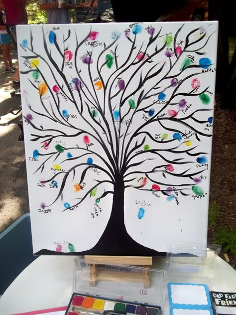 Farewell Painting Ideas, Canvas Friends Painting, Fingerprint Canvas, Wedding Guest Tree, Thumb Painting, Family Reunion Decorations, Nursing Home Crafts, Thumbprint Art, Thumbprint Tree