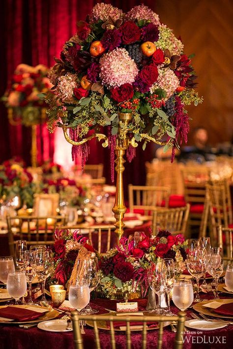 Gold Table Setting, Tall Centerpieces, Wedding Table Settings, Wedding Centerpiece, Burgundy Wedding, Decor Idea, Simple Wedding, Red Wedding, Christmas Wedding