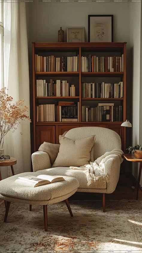 Small Back Room Ideas, Chair And A Half Reading Nook, A Small Living Room Decor, Living Room Small Space Apartments, Narrow Seating Area, Cute Sitting Room, Tiny Seating Area, Black Comfy Chair, Living Room With Reading Area