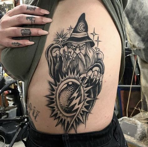 Dnd Sorcerer Tattoo, Witch Trad Tattoo, Burning Tower Tattoo, Evil Wizard Tattoo, Hatebreed Tattoo, Cat Wizard Tattoo, Traditional Wizard Tattoo, Wizard Tattoo Design, Az Logo