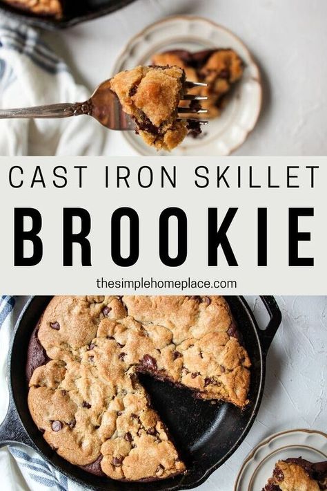 Half decadent brownie, half soft and chewy chocolate chip cookie, this cast iron skillet brookie recipe allows you to enjoy two amazing desserts in one! Any time I have the opportunity to make a delicious dessert like this brookie, I take it. Not only do I love baking, but I also love dessert. This recipe is so great because it’s made in a cast iron skillet, one of my favorite kitchen tools! If you’re looking for a wonderfully decadent dessert to enjoy with your whole fam… Skillet Brookie, Cast Iron Skillet Cookie, Brookie Recipe, Skillet Desserts, Cocoa Powder Cookies, Salted Chocolate Chip Cookies, Butterscotch Cookies, Iron Recipes, Iron Skillet Recipes