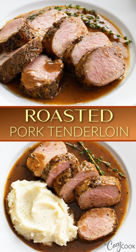 Sliced Roasted Pork Tenderloin in a brown sauce with a side of mashed potatoes. Roasting Pork Tenderloin In Oven, Oven Roasted Pork Tenderloin With Vegetables, Pork Tenderloin Oven Recipes, Pork Tenderloin Roast Recipes, Pork Tenderloin Gravy Recipe, Pork Tenderloin Recipes In Oven, Fast Dinners Easy, Pork Tenderloin In The Oven, Sauce For Pork Tenderloin