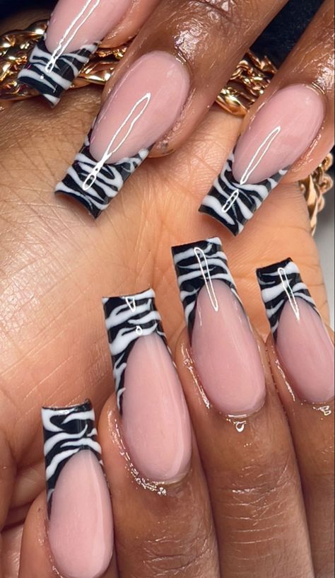 Black And White Zebra Nails, Zebra Tip Nails, Zebra Print Acrylic Nails, Zebra Print French Tip Nails, Zebra Nails Acrylic, Zebra French Nails, Frenchies Acrylic Nails, Zebra French Tip Nails, Zebra French Tip